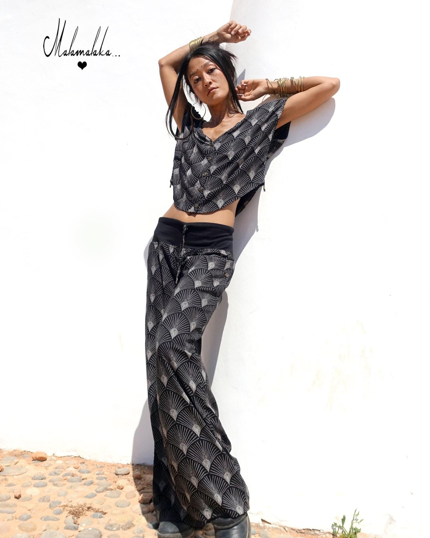 Women's Boho Co-ord Set | Fringe Wide-Leg Trousers & Open Shirt · Summer Outfit