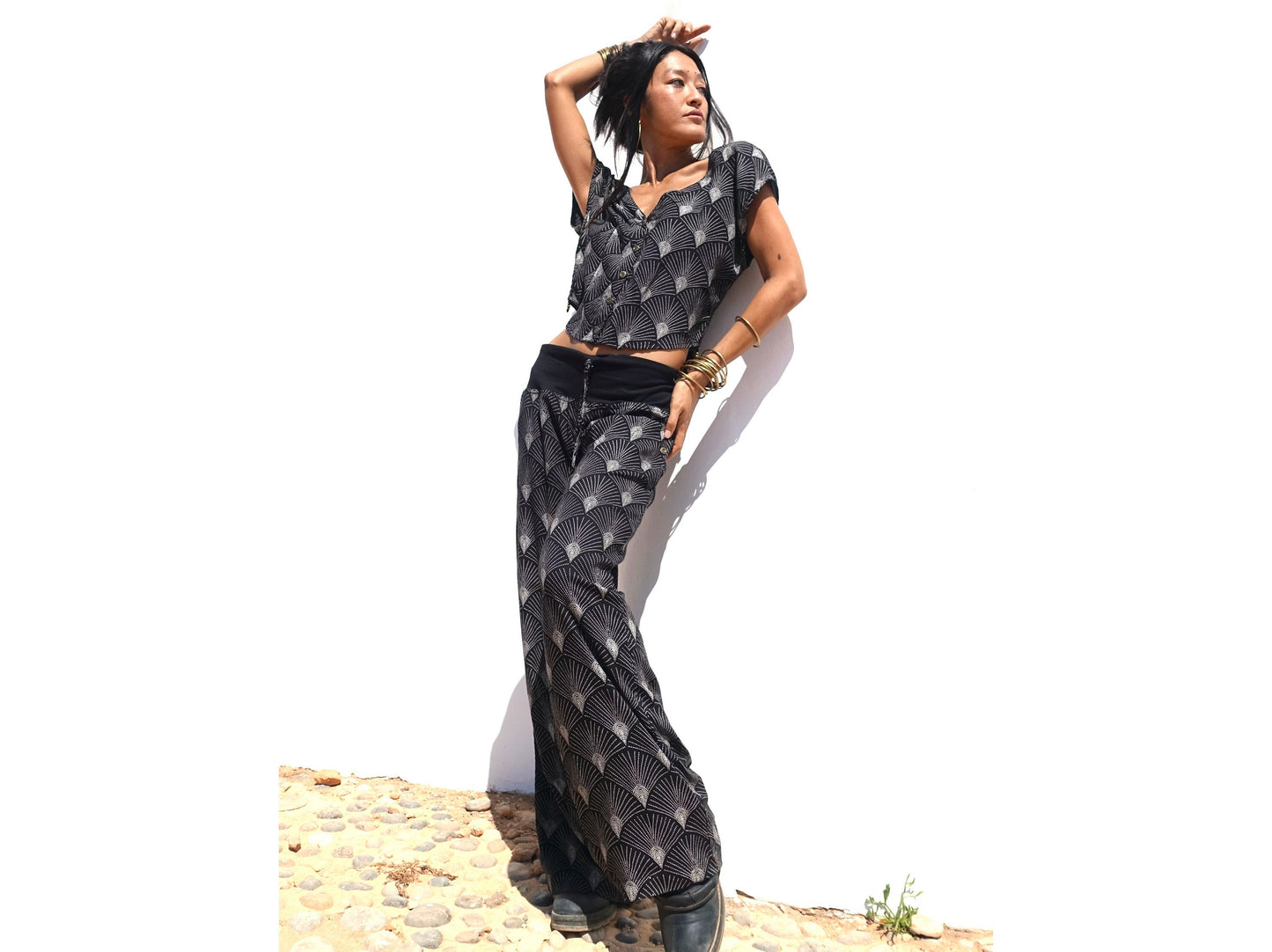 Women's Fringe Rayon Wide-Leg Trousers | Elastic Waist · Straight Leg with Pockets