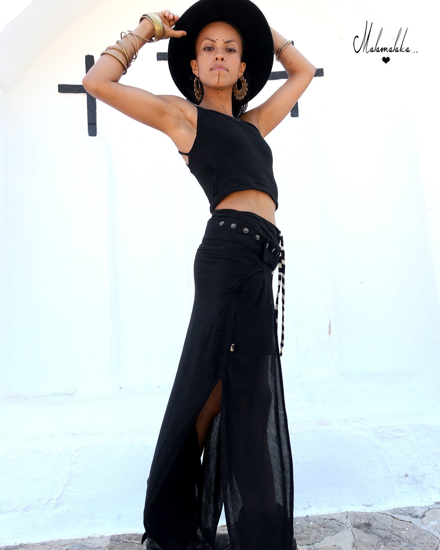 Transformable Black Overlay Skirt | Open Slit Rayon · Boho Gypsy Asymmetric Tribal Steampunk