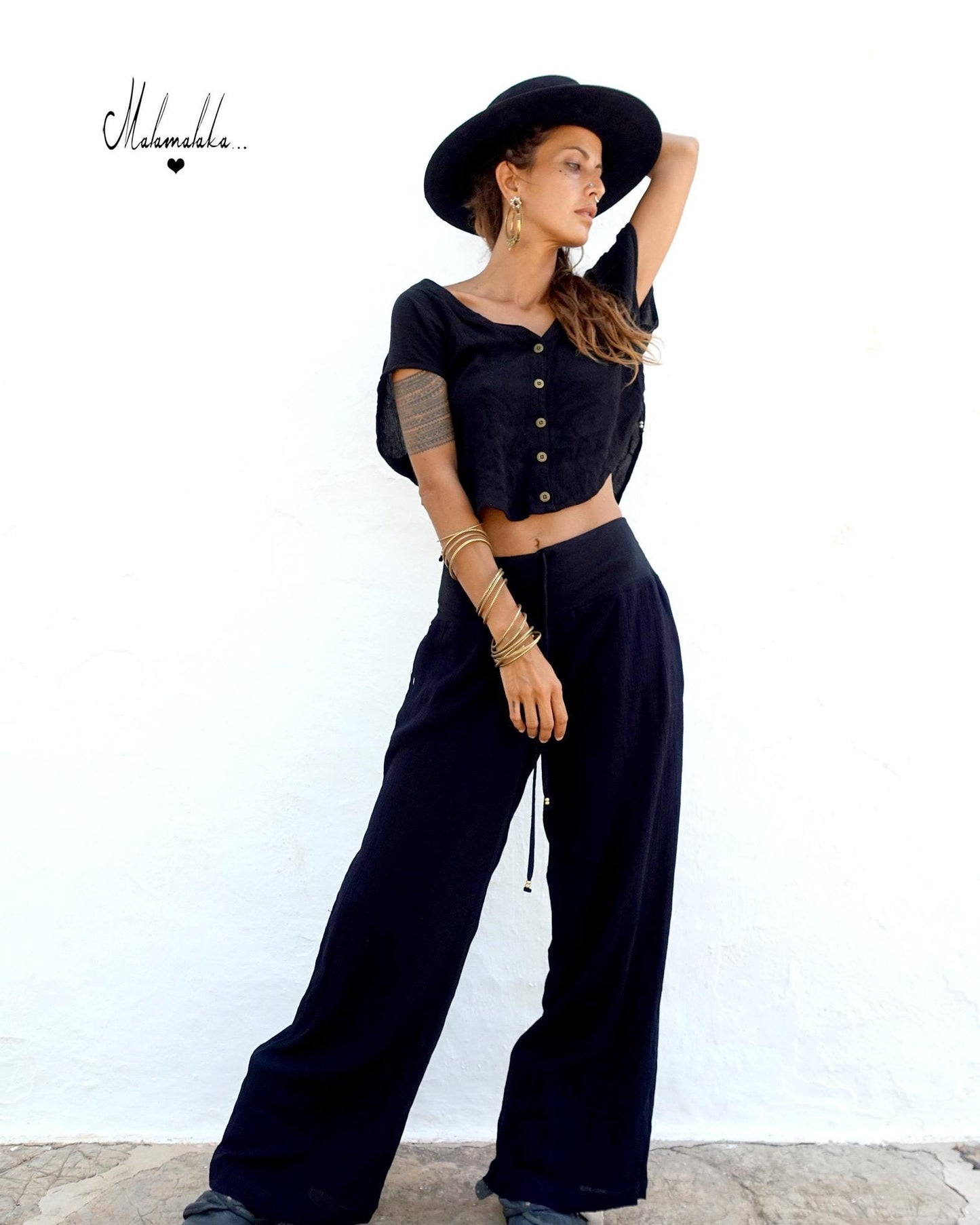 Women's Boho Co-ord Set | Fringe Wide-Leg Trousers & Open Shirt · Summer Outfit