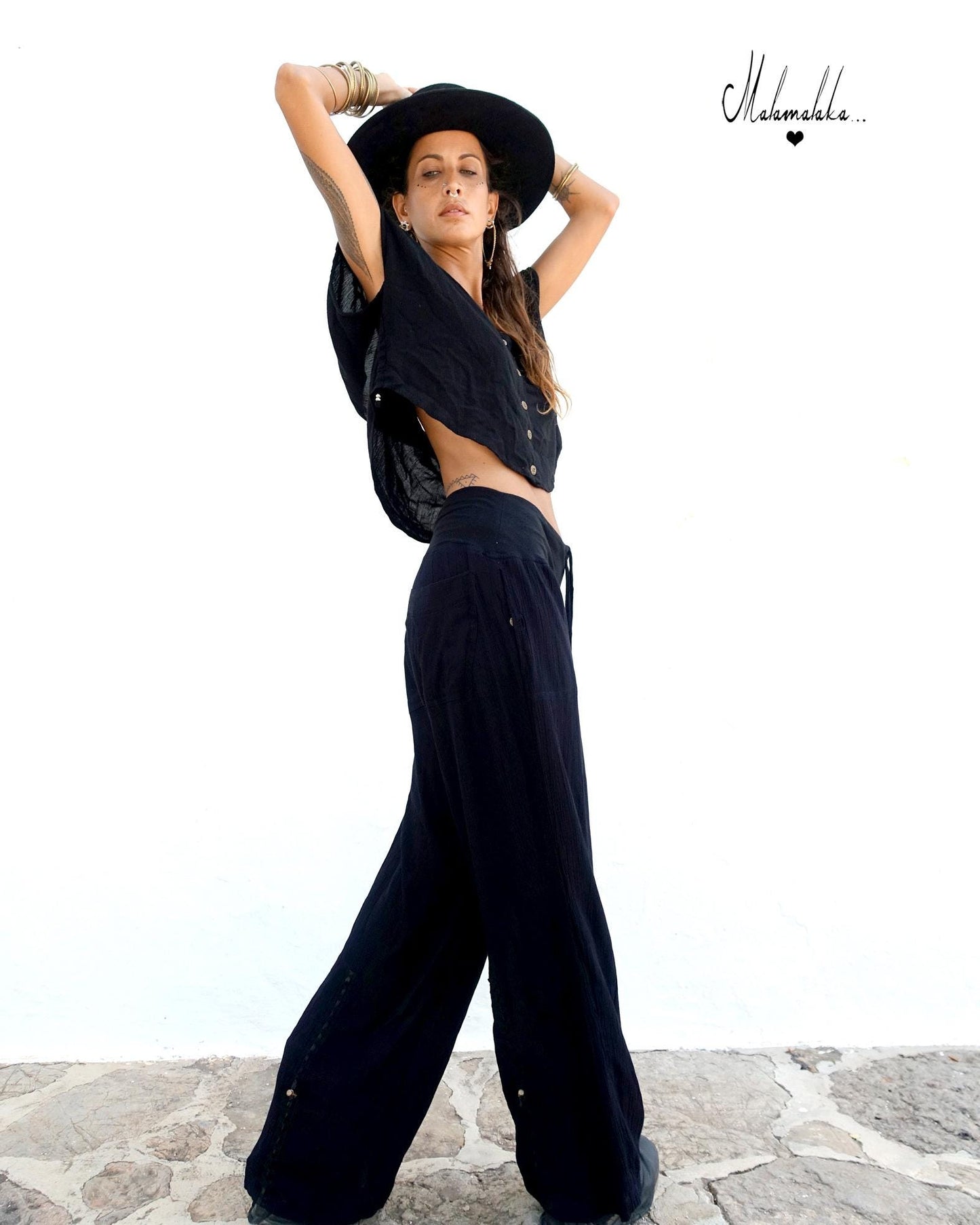Women's Boho Co-ord Set | Fringe Wide-Leg Trousers & Open Shirt · Summer Outfit