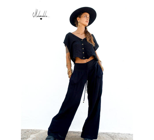 Women's Boho Co-ord Set | Fringe Wide-Leg Trousers & Open Shirt · Summer Outfit
