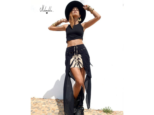Transformable Black Overlay Skirt | Open Slit Rayon · Boho Gypsy Asymmetric Tribal Steampunk