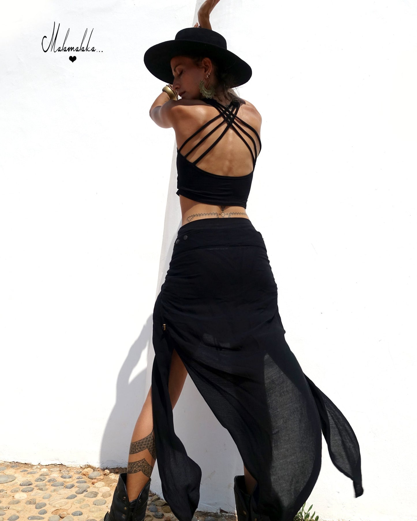 Transformable Black Overlay Skirt | Open Slit Rayon · Boho Gypsy Asymmetric Tribal Steampunk