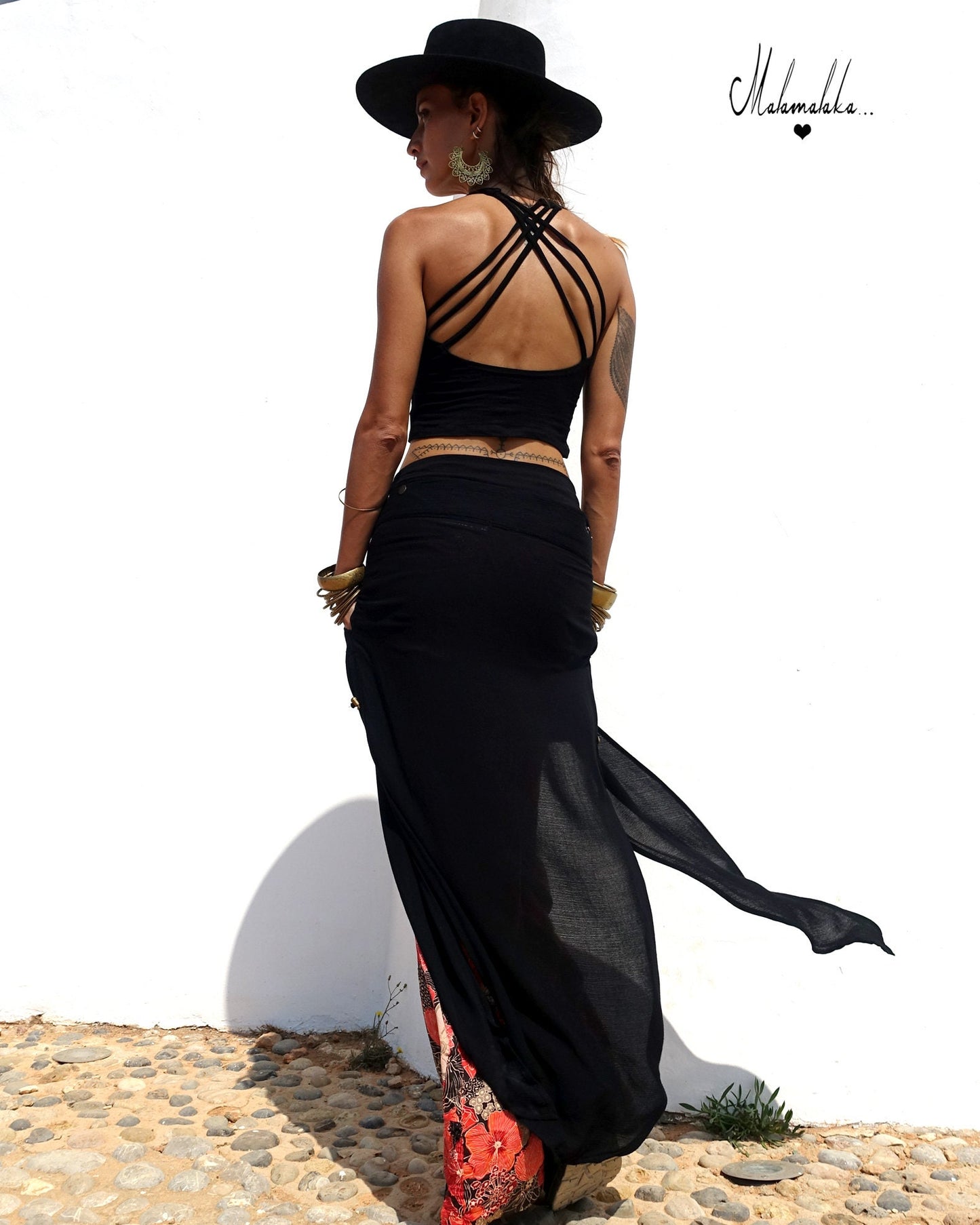 Transformable Black Overlay Skirt | Open Slit Rayon · Boho Gypsy Asymmetric Tribal Steampunk