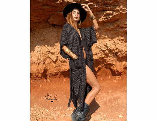 Boho Kimono Jacket | Detachable Hood · Tribal Festival Dress Kimono · Bohemian Style