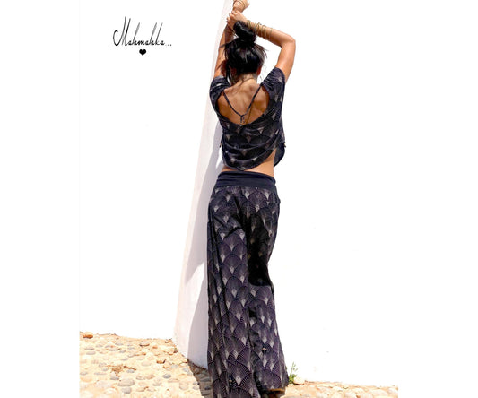 Women's Boho Co-ord Set | Fringe Wide-Leg Trousers & Open Shirt · Summer Outfit