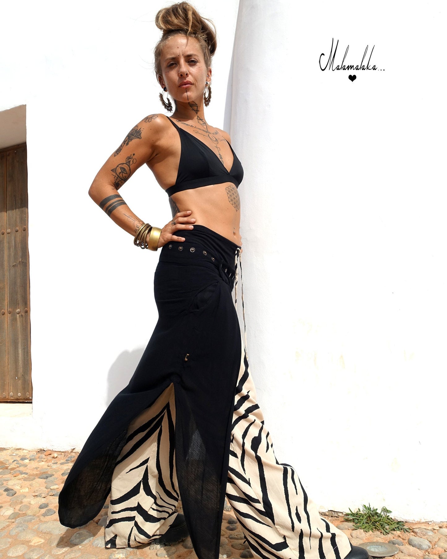 Transformable Black Overlay Skirt | Open Slit Rayon · Boho Gypsy Asymmetric Tribal Steampunk