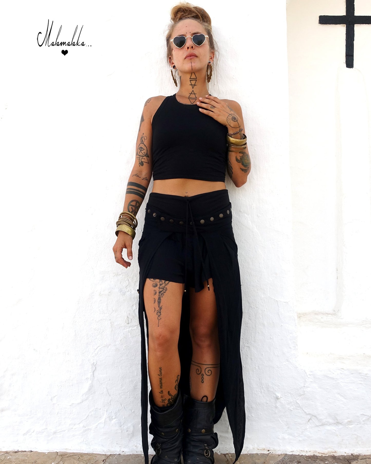 Transformable Black Overlay Skirt | Open Slit Rayon · Boho Gypsy Asymmetric Tribal Steampunk